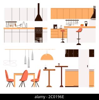 Vector flat collection of home kitchen modern furniture - kitchen tables, bar chairs, dinner tables, cooker and cook accessories. Modern minimalist Stock Vector