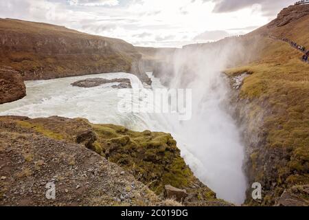 Landscape with big majestic Gullfoss waterfall in mountains in Iceland, autumntime Stock Photo