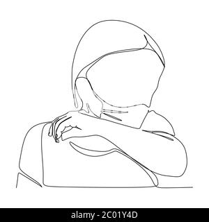 Continuous one line drawing of a girl in surgical mask coughing in her elbow. Preventing the spreading of the virus. Vector illustration Stock Photo