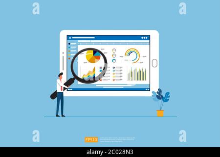 businessman analysis web statistics charts on Computer screen. Flat vector infographic analytic trend graphs information concept for planning Stock Vector