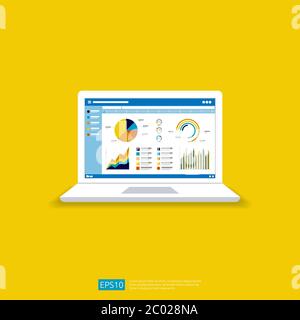 Web statistics analytic charts on laptop screen icon. Flat vector infographic trend graphs information report concept for planning and accounting, ana Stock Vector