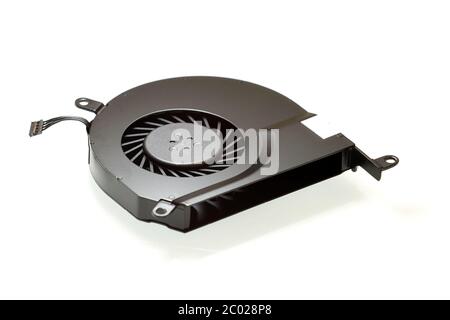 The cooling fan, laptop computer cooling system element, close-up, white background Stock Photo