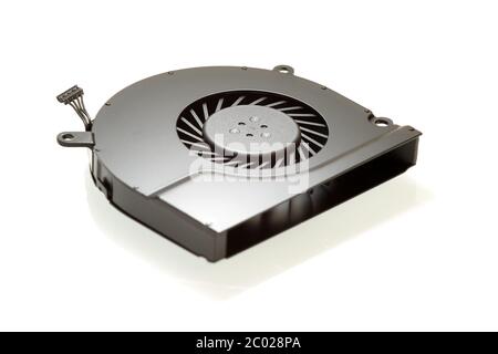The cooling fan system element, laptop computer cooler, close-up, white background Stock Photo
