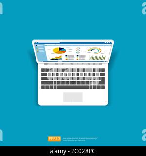 Web statistics analytic charts on laptop screen icon. Flat vector infographic trend graphs information report concept for planning and accounting, ana Stock Vector