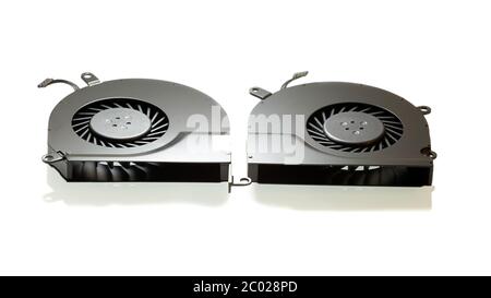 The cooling fan system elements, laptop computer coolers, close-up, white background Stock Photo