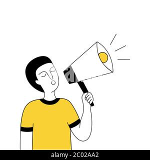 A man holds a megaphone in his hands and invites friends. Referral program. Can be used for a landing page, UI, web template, mobile app, poster flyer Stock Vector