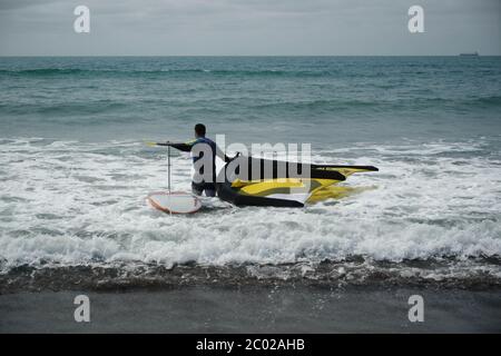 A man wearing a wetsuit enters the sea holding a hand held wing and wingfoil hydrofoil board. Stock Photo