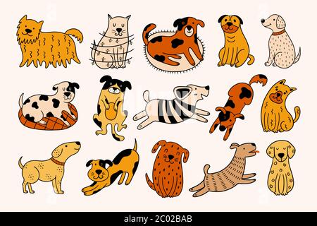 Collection of cute dogs. Set of 15 doodle pets on a beige background. Hand-drawn vector illustration with colorful dogs in different positions. Stock Vector