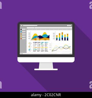 Web statistics analytic charts on Computer screen icon. Flat vector infographic trend graphs information report concept for planning and accounting Stock Vector