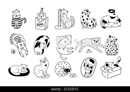 Cute cats collection consists of 15 hand-drawn kittens isolated on a white background. Doodle vector illustration with black and white pets. Stock Vector