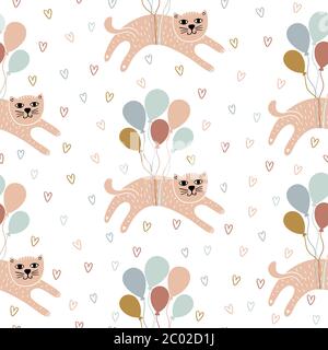 Childish seamless pattern with hand-drawn cats. Scandinavian background with cats, balloons and hearts. Can be used for wallpaper, textile, packaging. Stock Vector