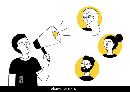 A man holds a megaphone in his hands and invites friends. Referral program. Can be used for a landing page, UI, web template, mobile app, poster flyer Stock Vector