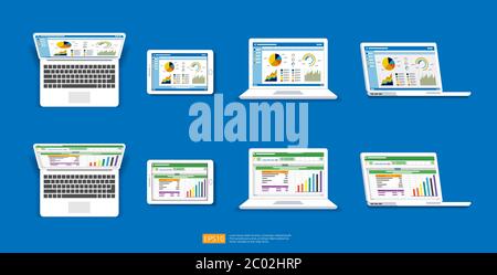 Web statistics analytic charts on laptop screen icon set. Flat vector infographic and spreadsheet trend graphs report concept for planning, accounting Stock Vector