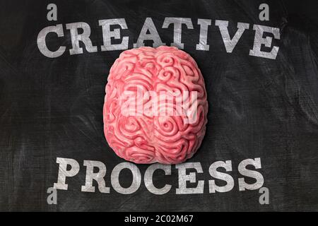 human brain with creative process message on a blackboard Stock Photo