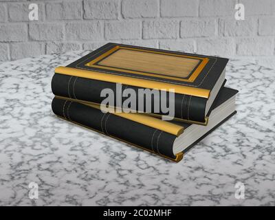 A mockup of an elegant black leather book with a brown wood insert. A book with Golden elements lies on a marble table against a white brick wall Stock Photo