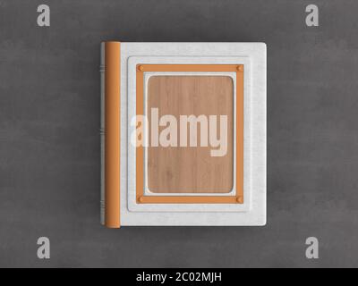 A mockup of an elegant white leather book with an orange wood insert and orange metal elements. A beautiful book is lying on the table. 3D Render Stock Photo