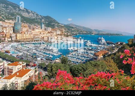 Aerial view of Monte Carlo harbor and the coastline of Monaco in summer holiday Stock Photo