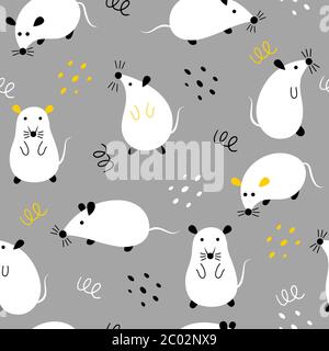 Seamless pattern with cute mouses on a gray background. Childish wallpaper with rats in different positions. Stock Vector
