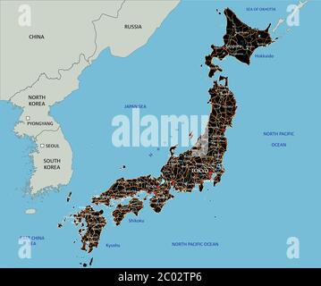 High detailed Japan road map with labeling. Stock Vector
