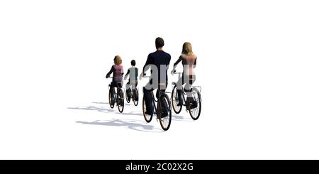 Family on the road with bicycles -  isolated on white background - 3D illustration Stock Photo