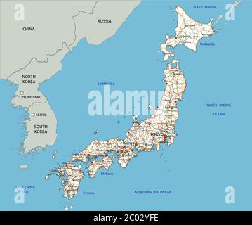 High detailed Japan road map with labeling. Stock Vector