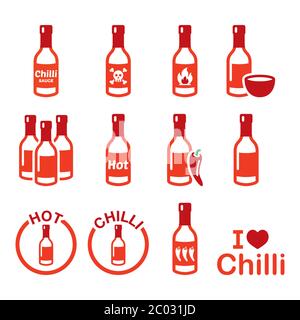 Hot chilli sauce bottle icons set, spicy sauce, Mexican food design Stock Vector