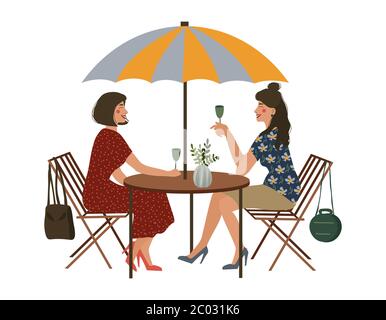 Summer cafe and two girlfriends. Street restaurant. Isolated vector illustration Stock Vector
