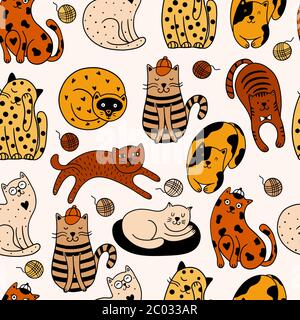 Cute cats seamless pattern. Vector illustration with colorful cats on a white background. It can be used for textile, wallpaper, wrapping Stock Vector