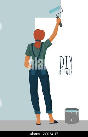 DIY repair. Woman painting a wall with a paint roller. Cute vector illustration. Stock Vector