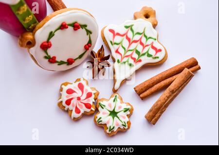 A beautiful selection of traditionally decorated gingerbread cookies perfect for hanging on the christmastree Stock Photo