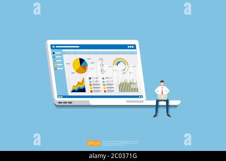 businessman analysis web statistics charts on Computer screen. Flat vector infographic analytic trend graphs information concept for planning Stock Vector
