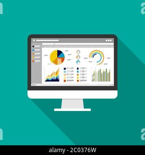 Web statistics analytic charts on Computer screen icon. Flat vector infographic trend graphs information report concept for planning and accounting Stock Vector