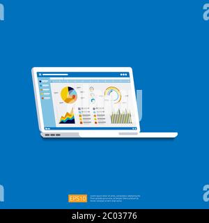 Web statistics analytic charts on laptop screen icon. Flat vector infographic trend graphs information report concept for planning and accounting, ana Stock Vector