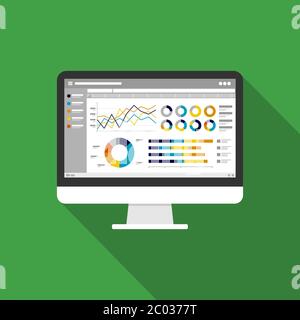 Web statistics analytic charts on Computer screen icon. Flat vector infographic trend graphs information report concept for planning and accounting Stock Vector