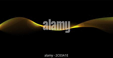 Abstract elegant shiny gold waves lines with glitter effect and light on black background. Vector illustration Stock Vector