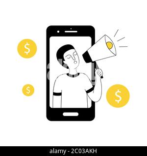 A man holds a megaphone in his hands and invites friends. Referral program. Can be used for a landing page, UI, web template, mobile app, poster flyer Stock Vector