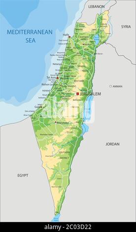 High detailed Israel physical map with labeling. Stock Vector