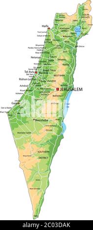 High detailed Israel physical map with labeling. Stock Vector
