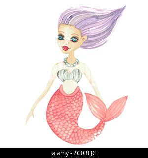 Watercolor cute little mermaid clipart. Hand painted illustration of the underwater cartoon character Stock Photo