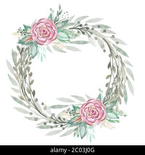 Watercolor Botanical wreath of faded foliage branches of flowers. Hand painted wedding floral frame Stock Photo