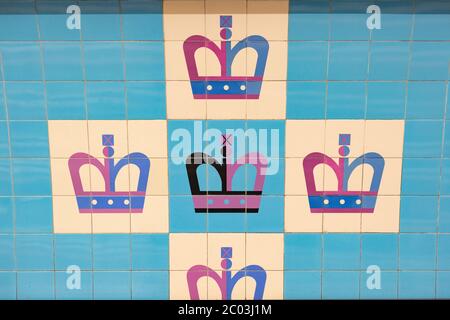 Tile designs at Kings Cross underground station on the Victoria Line on the London Underground Tube system, England, UK Stock Photo