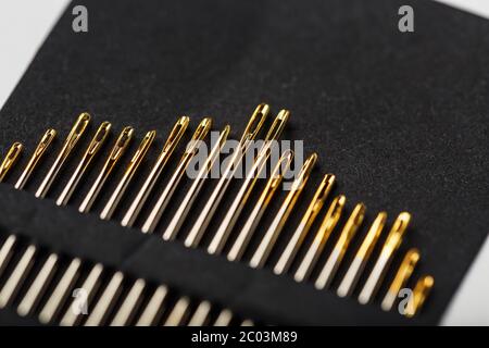 Gold sewing needles on a black background in a row. Stock Photo