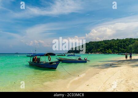 Teluk Dalam Beach, Besar, Perhentian Islands, Malaysia; May-2019; The boat and the sea Stock Photo