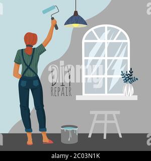 DIY repair. Woman painting a wall with a paint roller in room. Cute vector illustration. Stock Vector