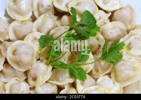 Pelmeni with butter and ground pepper, with a parsley branch Stock Photo