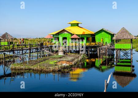 A Colourful Cafe/Restaurant, Minethauk Bridge, Lake Inle, Shan State, Myanmar. Stock Photo