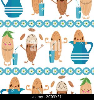 Kawaii almond milk vector seamless pattern background. Cute muscle flexing and juggling nut cartoons with drinking glasses on white backdrop. Cartoon Stock Vector