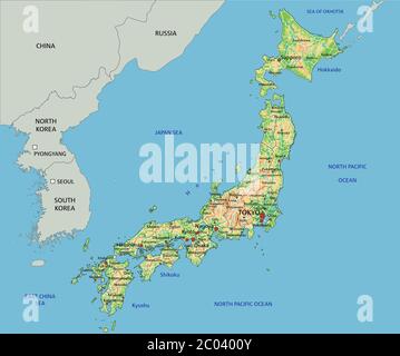 High detailed Japan physical map. Stock Vector