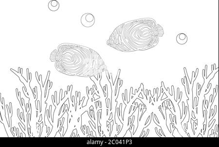 Fish exotic coloring. Antistress coloring page. Sea creatures. Ocean fish. Vector illustration Stock Vector