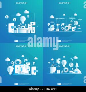 brainstorming innovation idea process and creative thinking concept with light bulb lamp for start up business project. illustration for web landing p Stock Vector